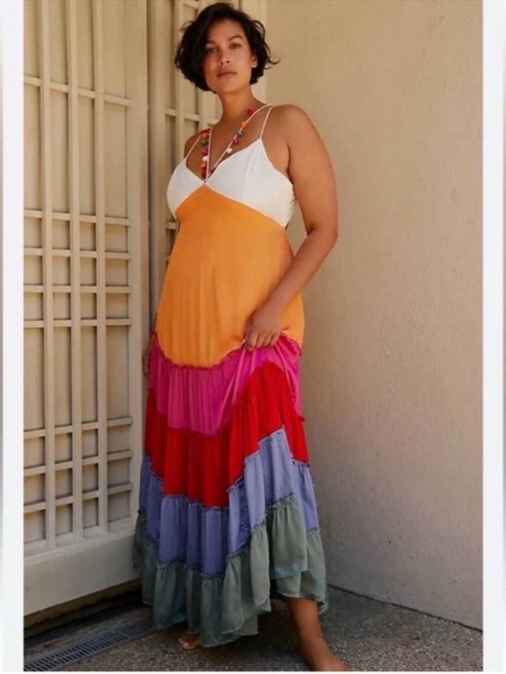 By Anthropologie Rainbow Tiered V-neck Maxi Dress Festival Bohemian, size Large